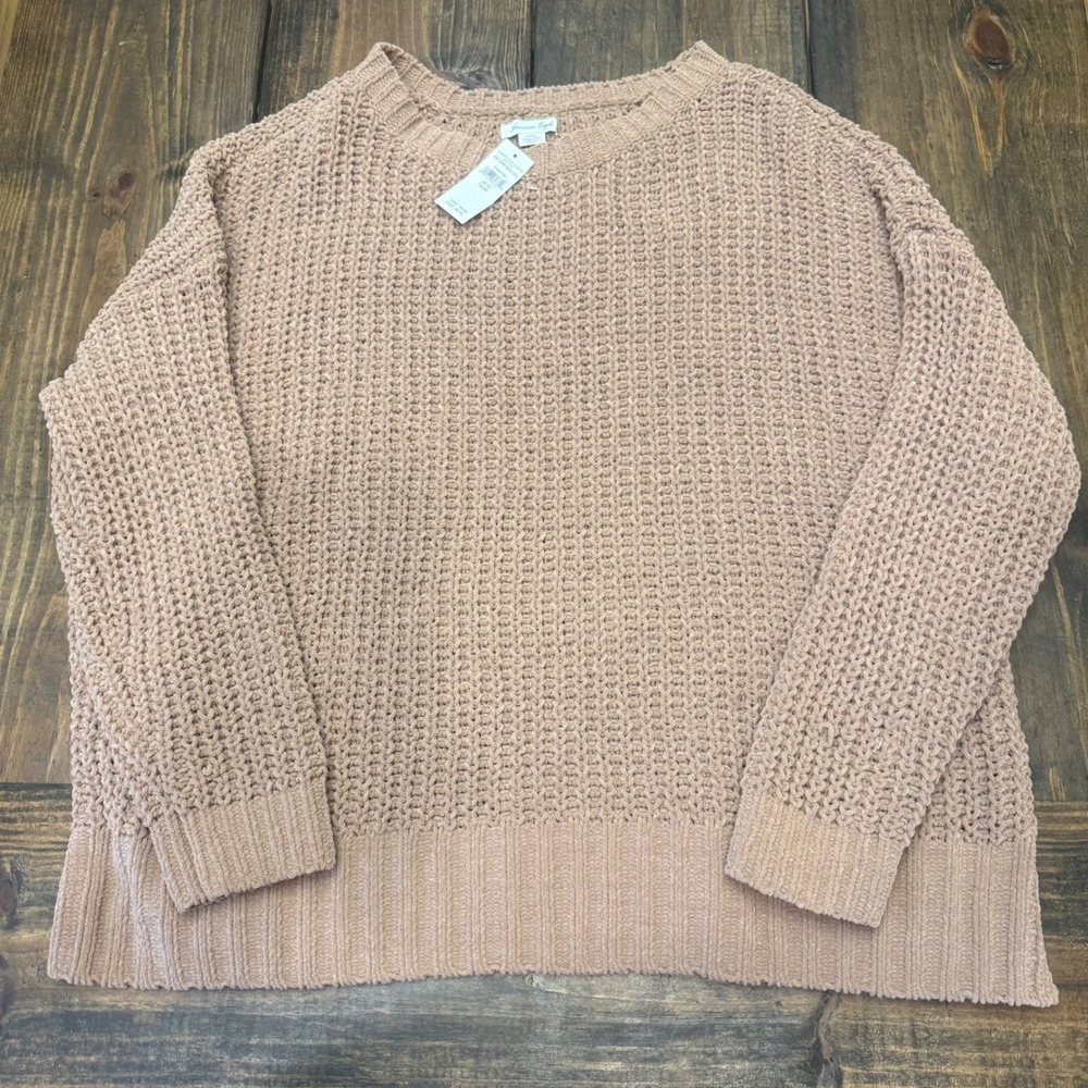 American Eagle Chenille Oversized Sweater Tan Blush Pink Medium NWT chunky knit‎